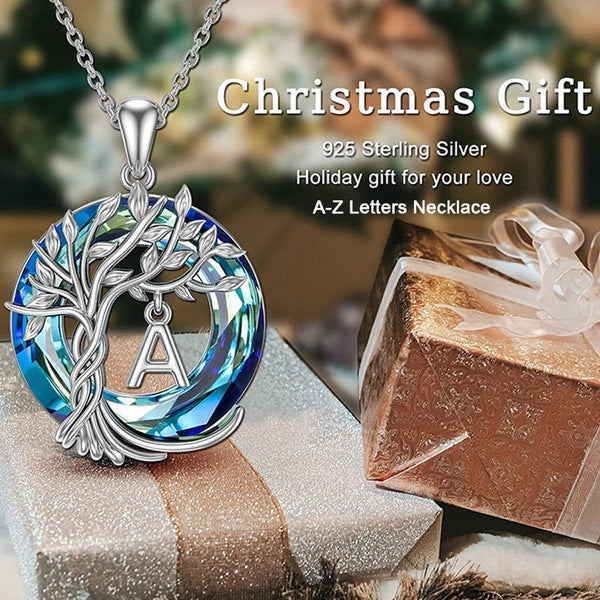 New Tree Of Life Initial Necklace Round Blue Austrian Crystal