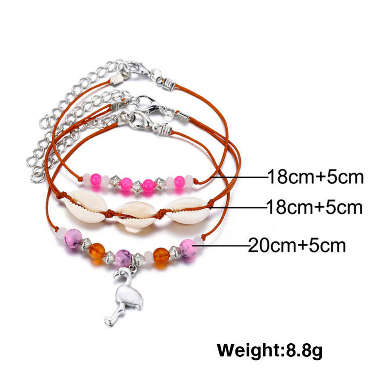 Anklet Bohemian Ethnic Style Contrast Shell Braided Flamingo Pendant 3-piece Set