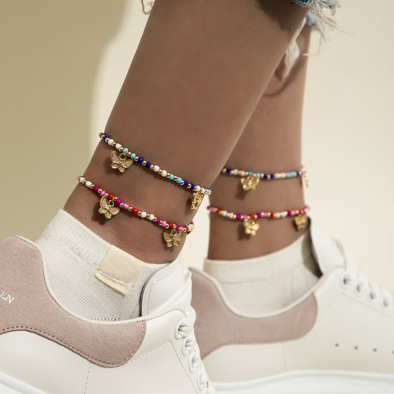 Retro Color Stitching Rice Bead Anklet Simple And