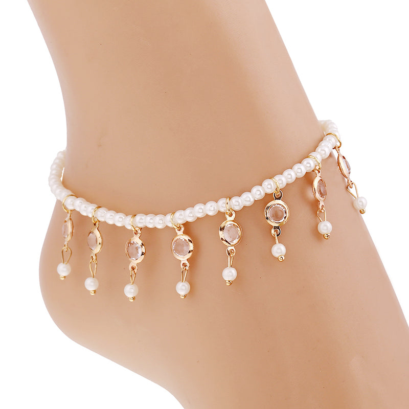 Beach Pearl Crystal Tassel Elastic Anklet