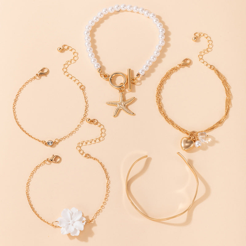White Flower Love Starfish Pendant Pearl Bracelet 5 Piece Set Female