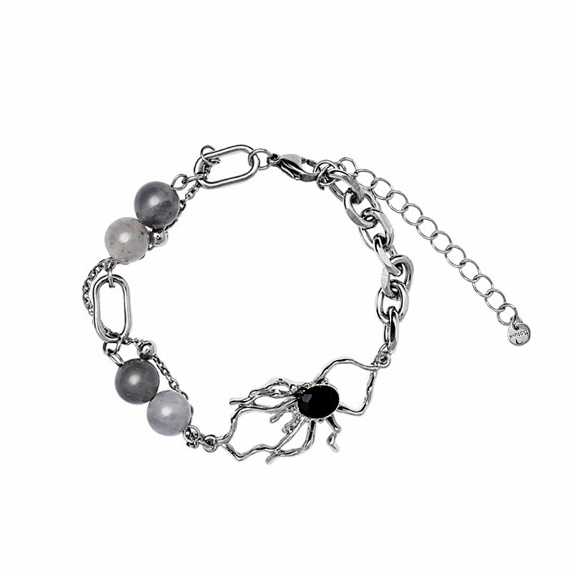 Punk Crystal Beads Spider Charm Stainless Steel Chain Bracelet