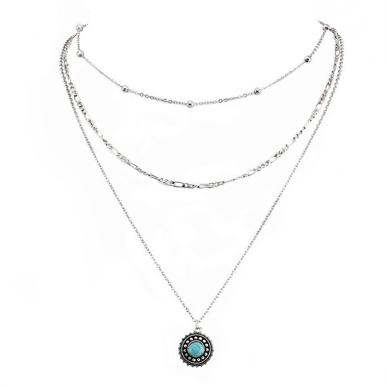 Alloy Ancient Silver Turquoise Pendant Women Multi-layer