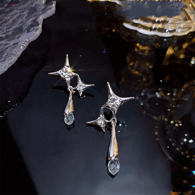 Silver Needle Water Drops Star Niche Design Earrings