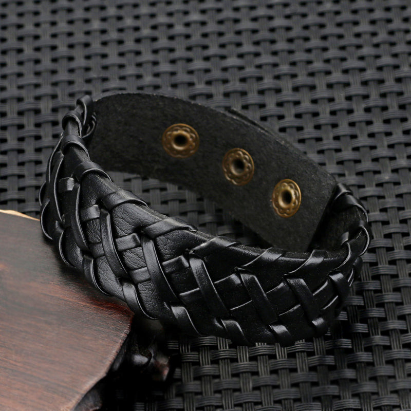 Men's Black Woven Leather Fashion Adjustable Bracelet