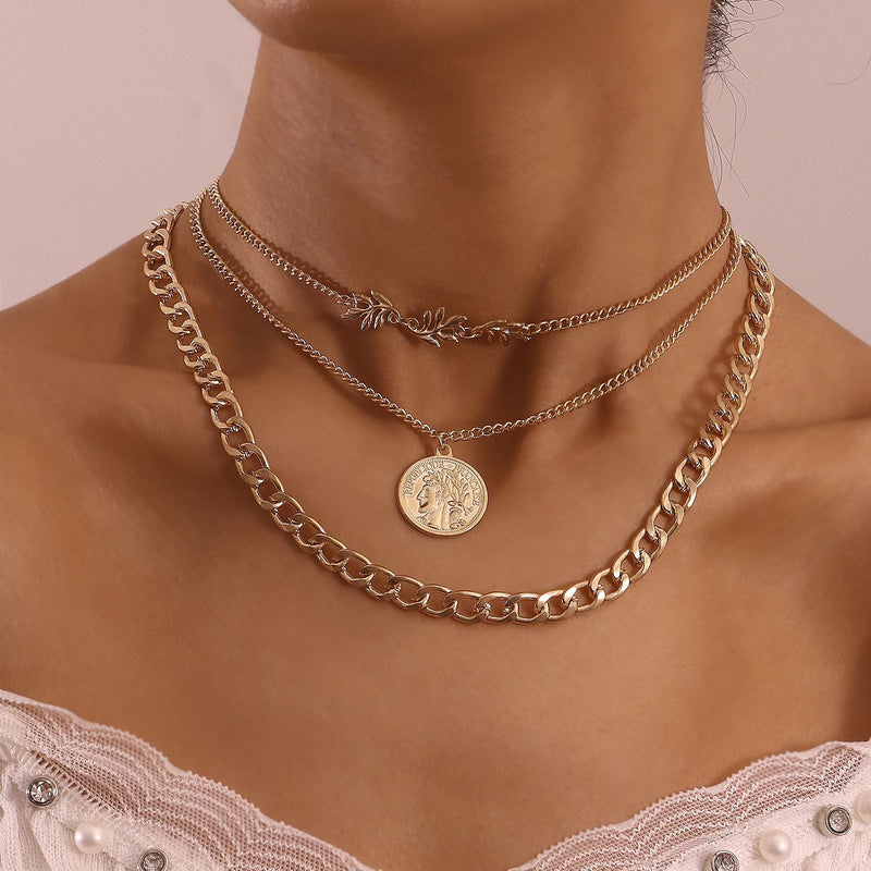 Exaggerated Thick Chain Beauty Head Coin Pendant Necklace Female