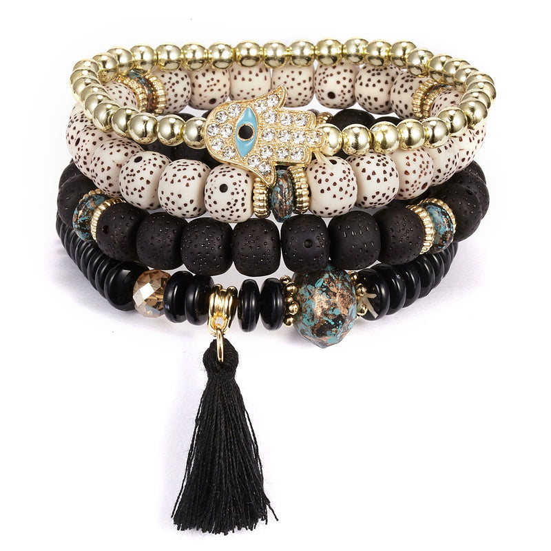 Fashion New Multi-layer Beaded Bracelet 4-pack Palm Tassel Bodhi Beads Beaded Elastic Bracelet Set