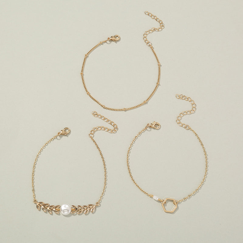 Fashion creative leaf wheat ear geometry pearl bracelet set of 3 pieces