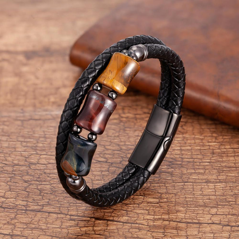 Stone Leather Cord Braided Men's And Women's Leather Stainless Steel Magnet Buckle