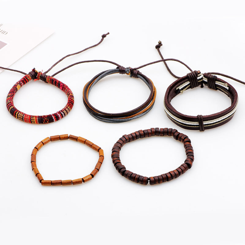 Five-piece Set Wooden Bead Wax Rope  Woven Beads Bracelet