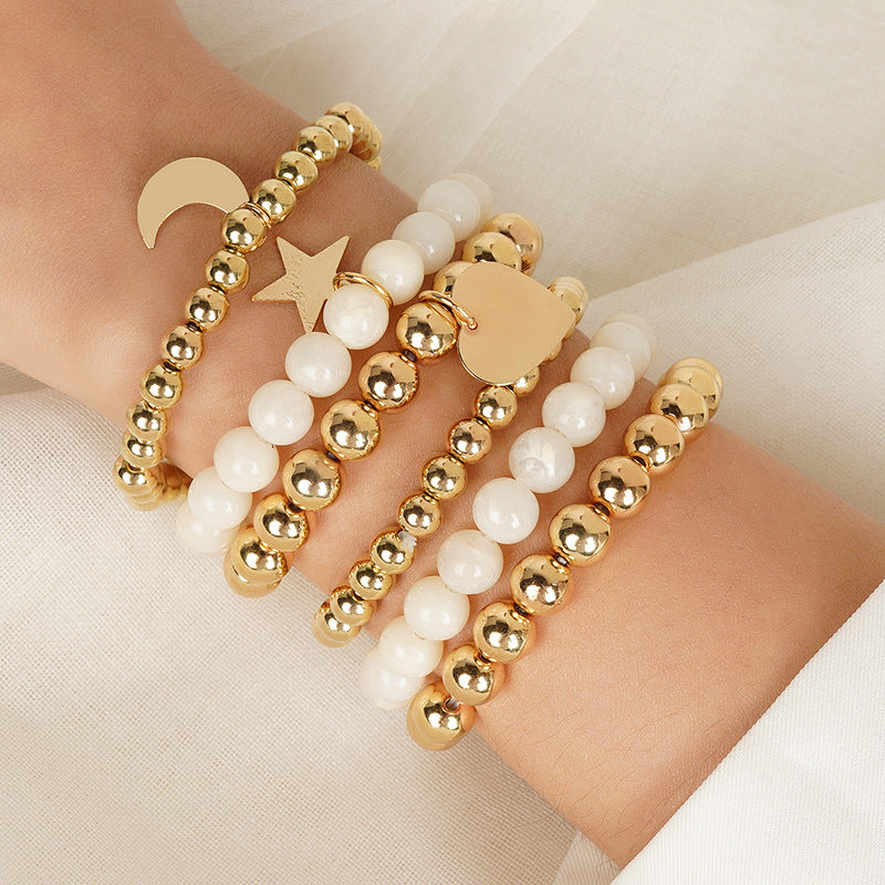Gold Bead Star Love Moon White Bracelet