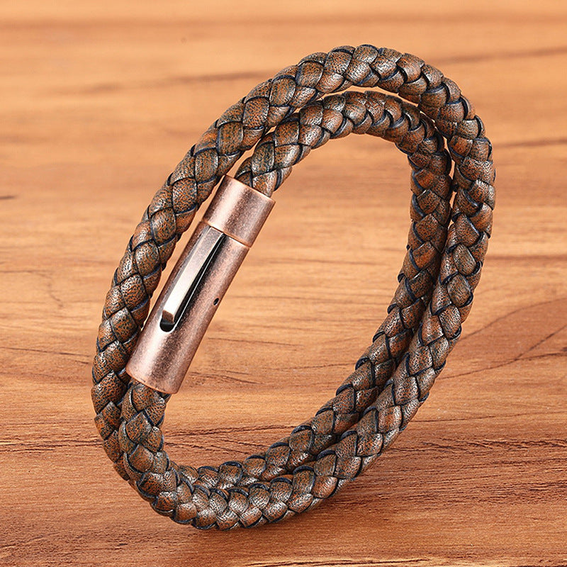 Copper Color Titanium Steel Bracelet Leather Cord Braided Magnet Clasp Bracelet