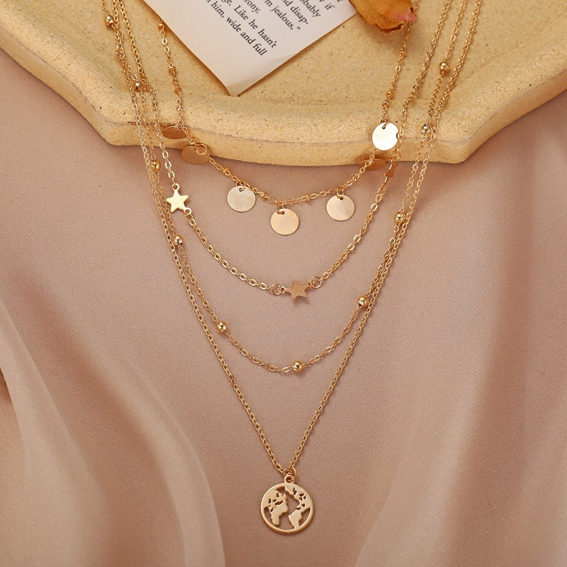 Simple Round Piece Five-pointed Star Pendant Multilayer Necklace