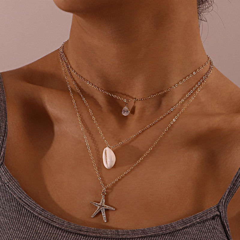 Multilayer Zircon Starfish Shell Pendant Necklace Women