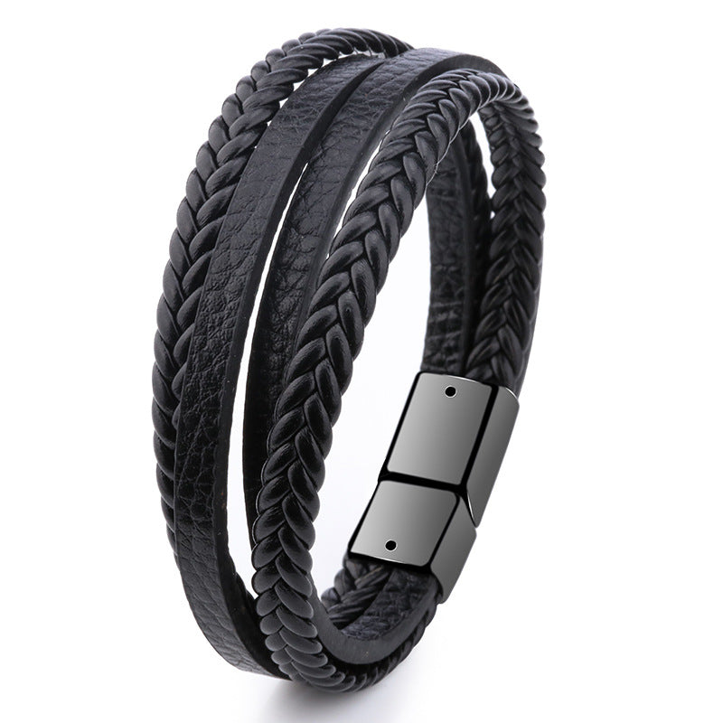 Men's Fashion Hand Braided Leather Cord Alloy Magnetic Clasp Bracelet