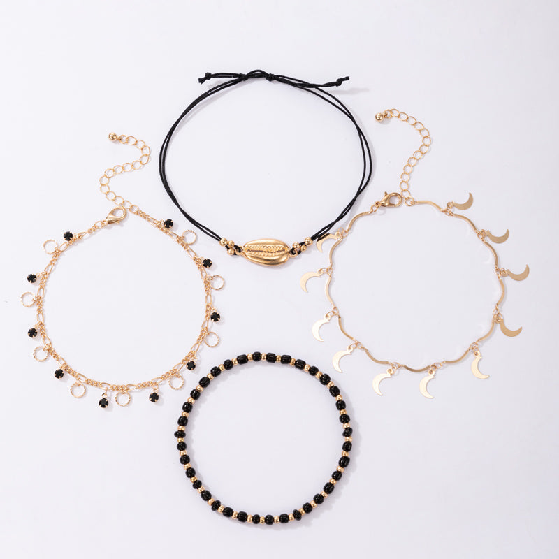 Hollow Anklet Shell Black Rice Bead Circle Multi-layer 4-piece