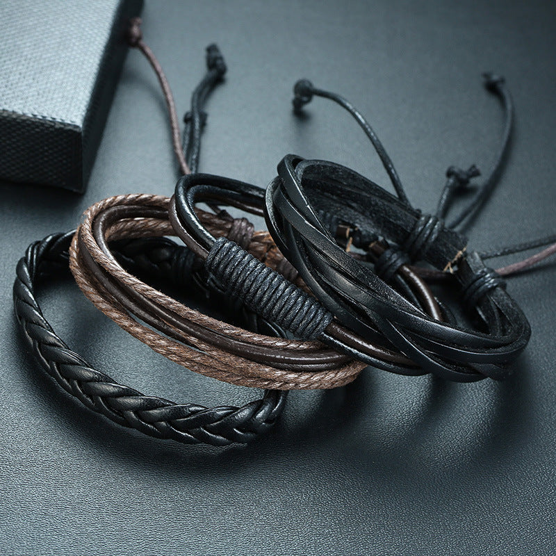 Men's PU Leather Woven Adjustable Bracelet Four-piece Set