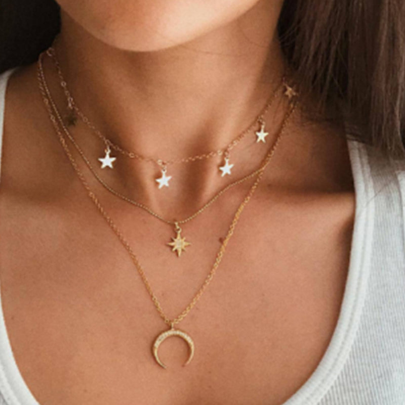 Creative Retro Simple Eight-Pointed Star Crescent Five-Pointed Star Pendant Three-Layer Necklace