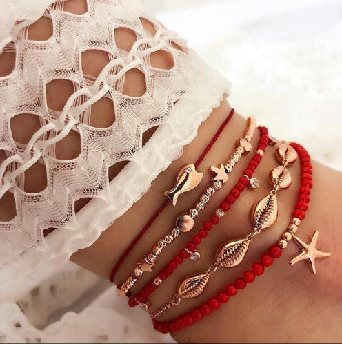 Red String Anklet Set Ethnic Style Shell Fish