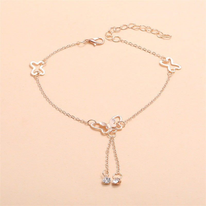 Butterfly Pendant with Diamond Tassel Rose Gold Anklet