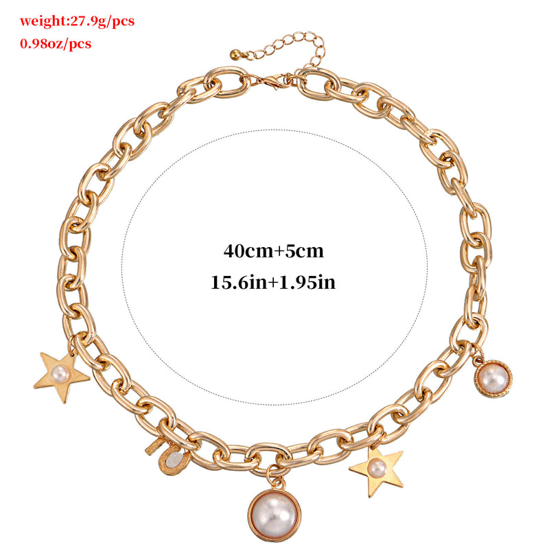 Exaggerated Thick Chain Pearl Five-pointed Star Pendant Necklace Women