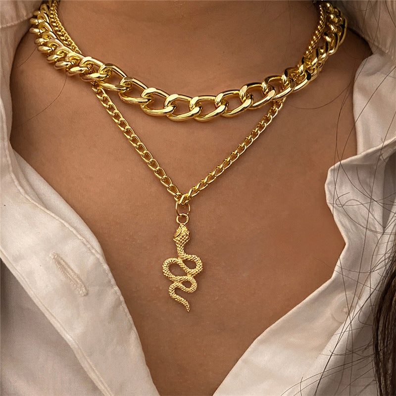 Punk Chunky Chain Double Snake Pendant Necklace