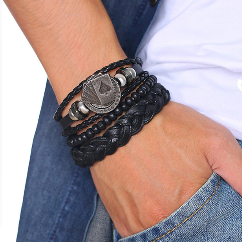 Men's Multilayer Poker Leather Cord Bracelet