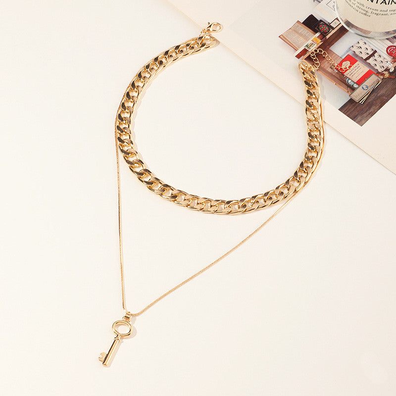 Simple Key Double-layer Necklace With Chain Metal Texture