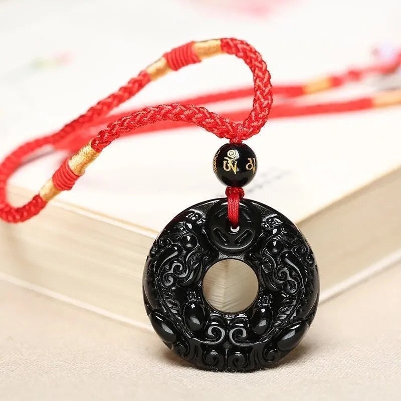 Obsidian Double Pixiu Round Button Pendant Necklace