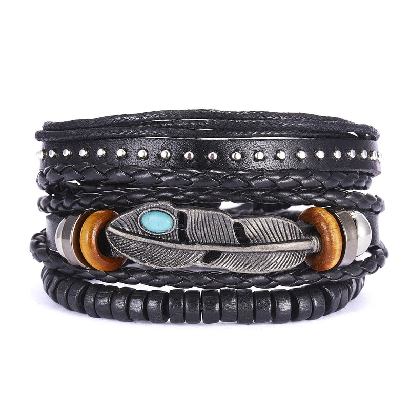 Yiwu Wholesale New Men's Leather Set Bracelet Creative Leaves Wooden Bead Woven Leather Adjustable Set Bracelet