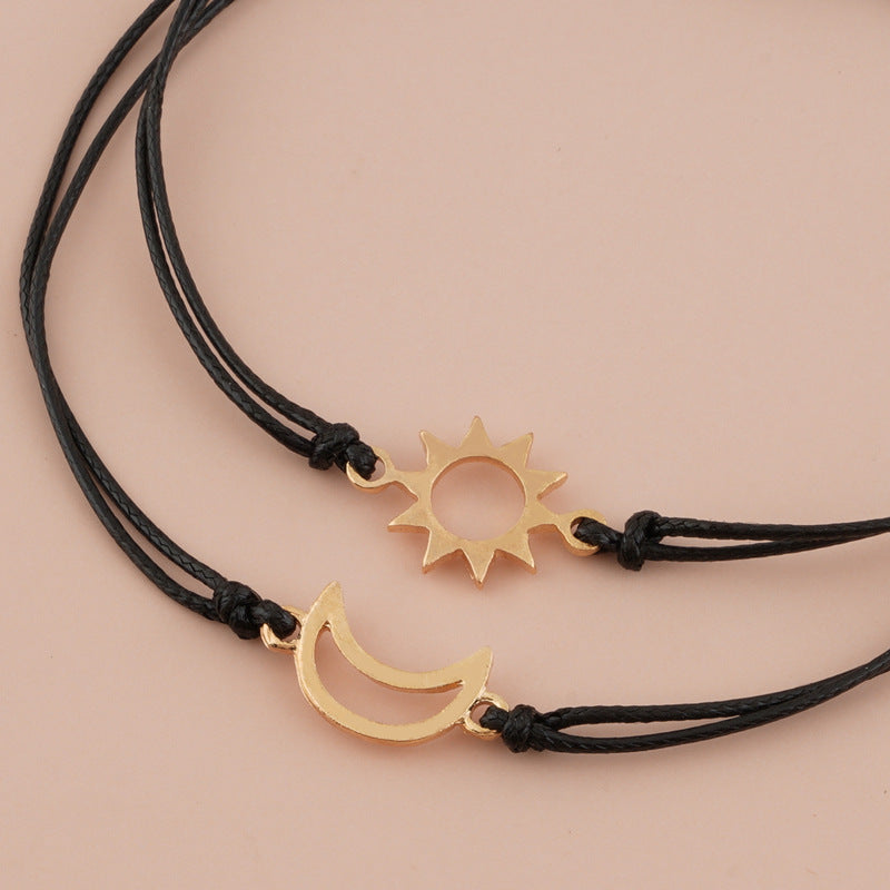 Simple Alloy Sun And Moon Wax Wire Weaving Adjustable Card Lovers Bracelet