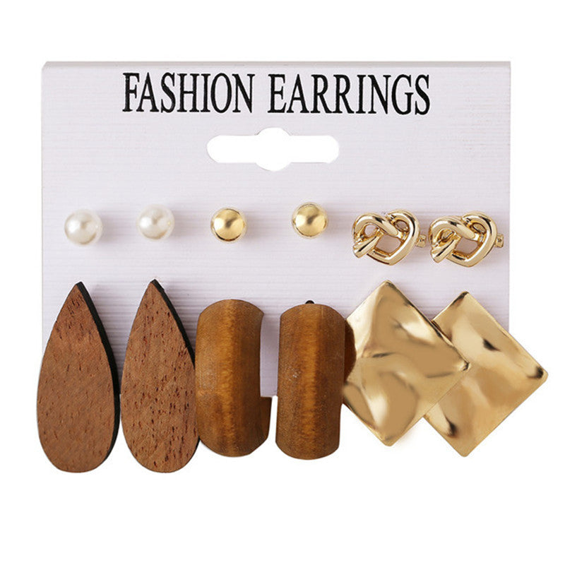 Drop-shaped Wood And Metal Square Heart Earrings Set