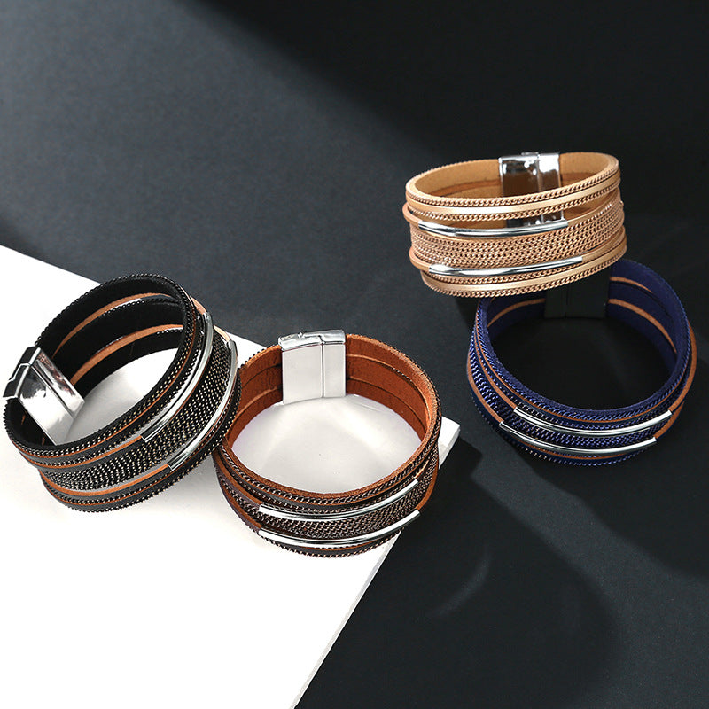 Multi-circle European And American Fashion Chain Copper Tube Leather Magnet Buckle Wide Side Bracelet