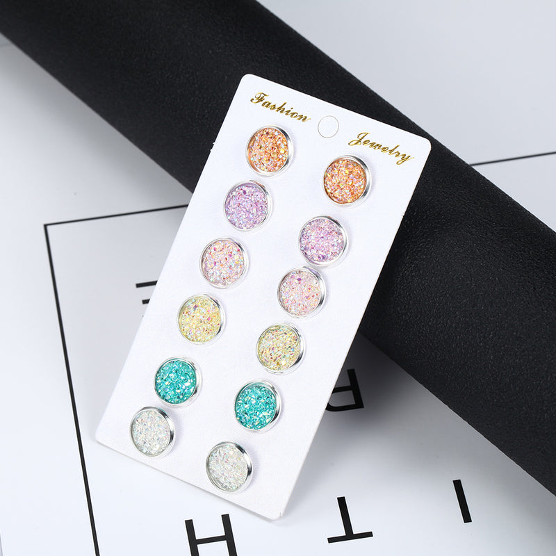 European And American Fashion Colorful Round Earrings Combination One Card 6 Pairs Set