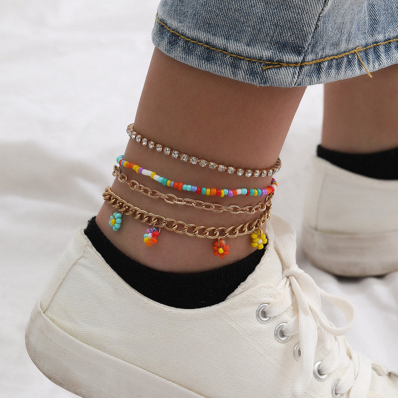 Handmade Rice Beads With Diamonds Multi-layer Daisy Anklet