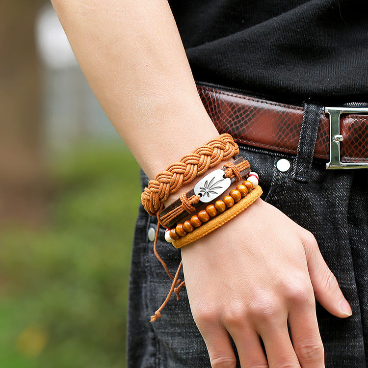 Multi-piece Cowhide Leather Bracelet With Leaf Charm