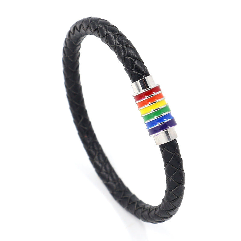 Gay Europe And America Woven Leather Rainbow Colorful Bracelet