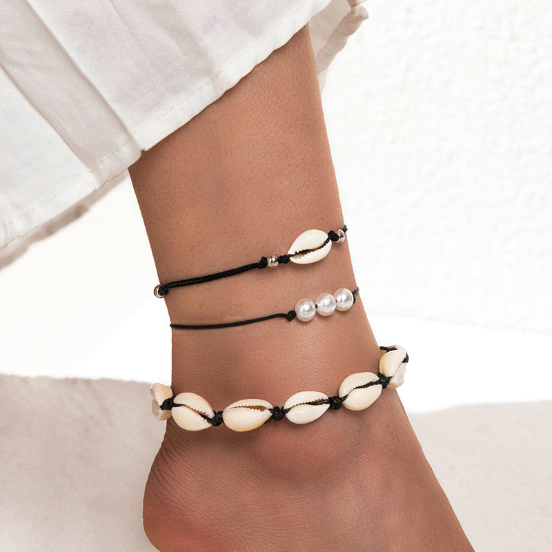 Pearl Shell Anklet Braided Rope Three-Piece Anklet