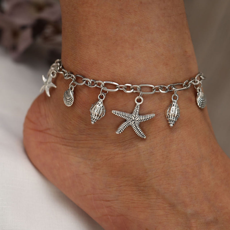 Glossy Ancient Silver Ocean Starfish Conch Pendant Anklet