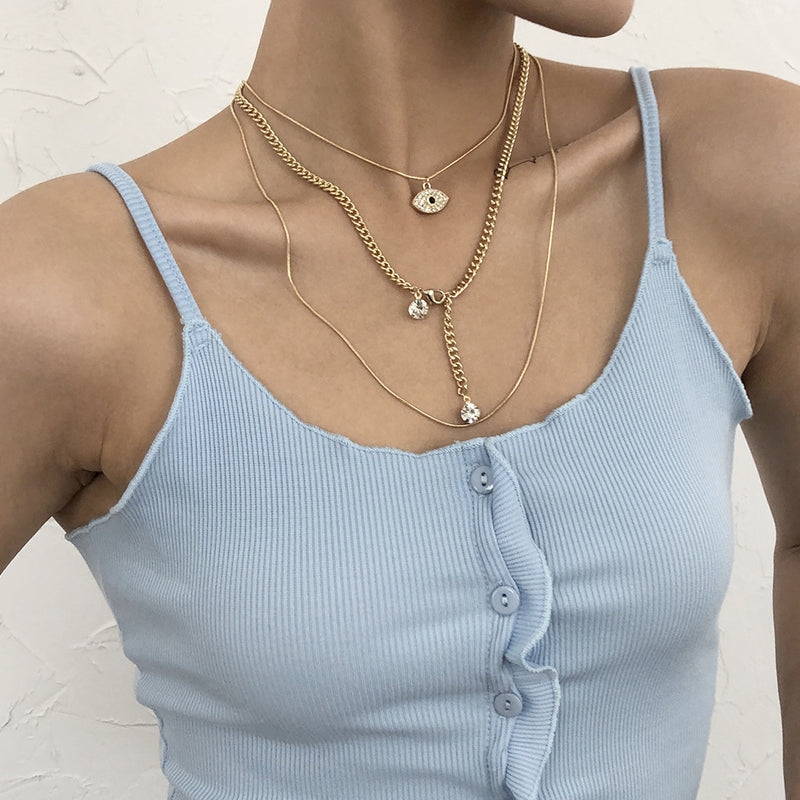 Snake Chain Exaggerated Stacking Necklace With Geometric Micro-inlaid Metal Texture Necklace