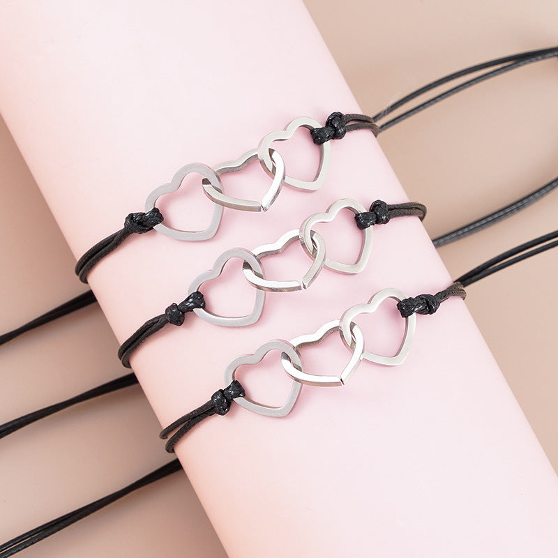 Stainless Steel Hollow Love Sisters Friendship Wax Line Hand-woven Bracelet Set