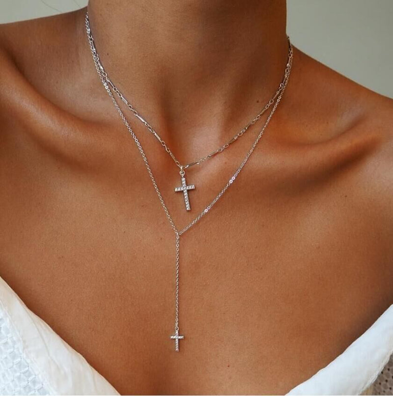 Multi-layer Double Layer Cross Crystal Necklace Sweater Chain