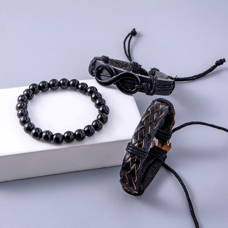 Punk Black Braided Leather Wrap Bracelet Vintage Infinity Symbol Charms Beaded Bracelets For Men