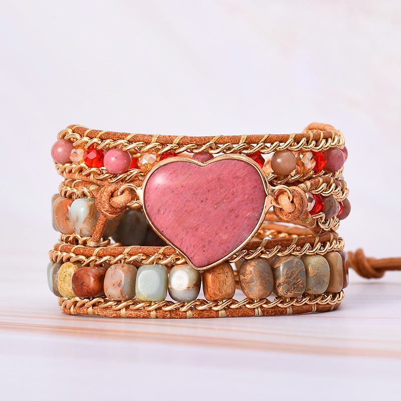 Natural Heart-Shaped Luxury Stone Winding Bracelet with Jasper Crystal