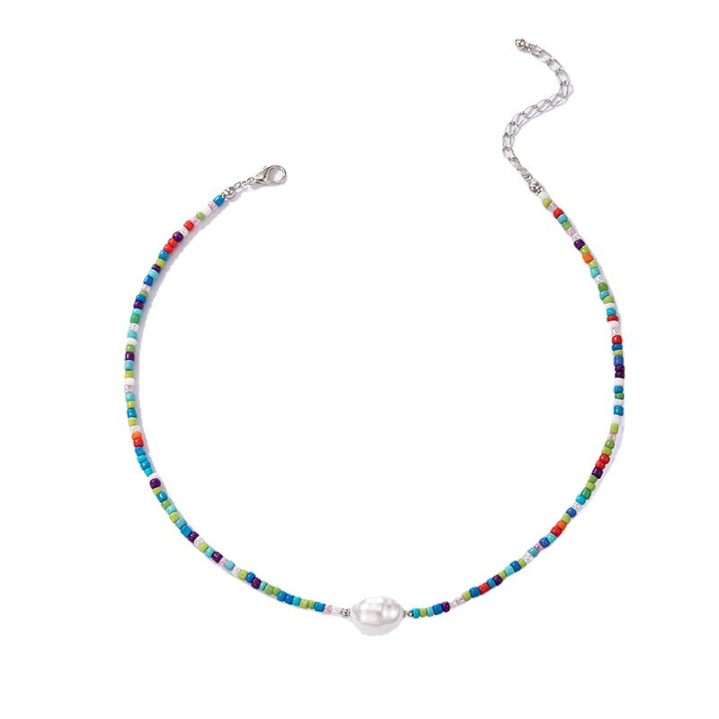 European And American Jewelry Simple Single Layer Mixed Color Bead Necklace