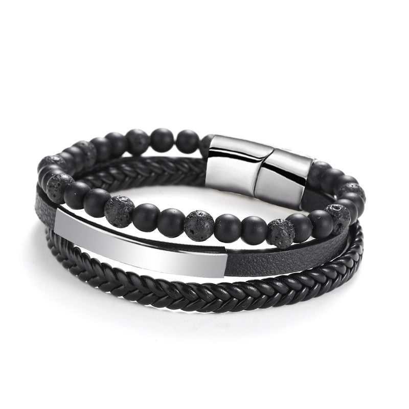 Multi-layer Leather Braided Bracelet Men's Punk Handmade Alloy Magnetic Snap Bracelet