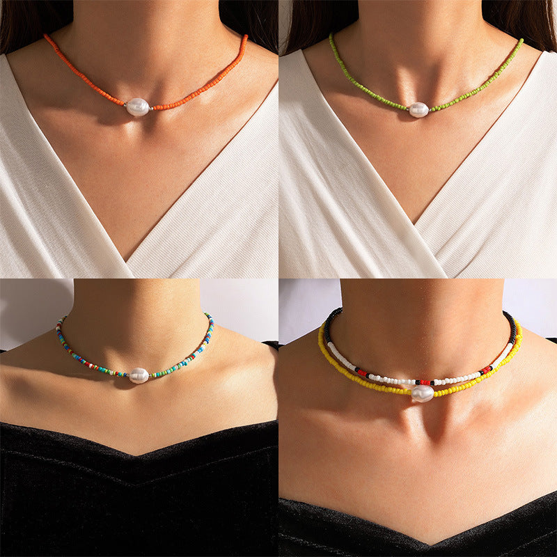 European And American Jewelry Simple Single Layer Mixed Color Bead Necklace