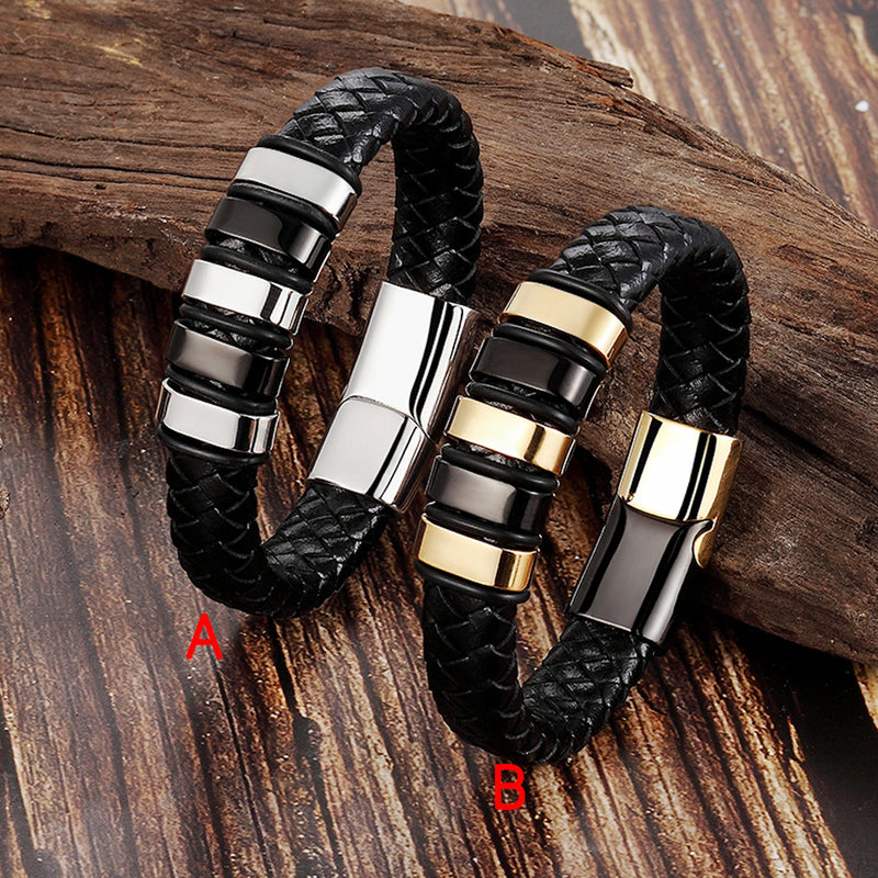 Leather Cord Bracelet Men's Stainless Steel Leather Woven Handmade Metal Leather Jewelry