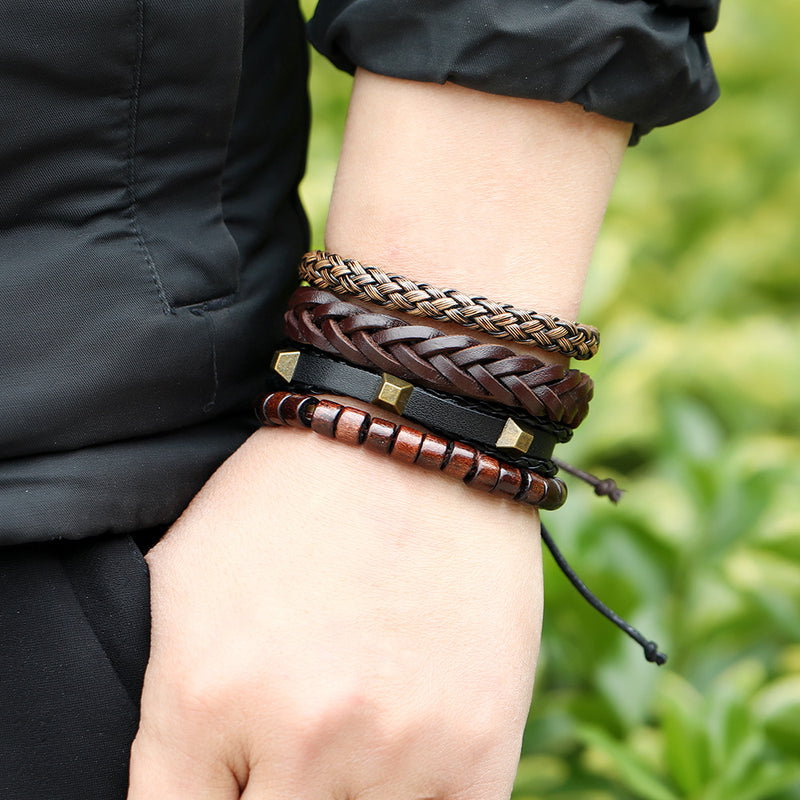 New European And American Fashion Bracelet Retro Braided Leather Rope Set