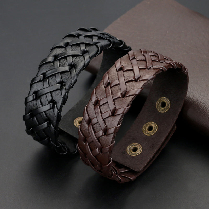 Men's Black Woven Leather Fashion Adjustable Bracelet